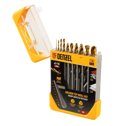 Набор сверл по металлу, 1-10 мм, HSS-Tin, Golden Tip, 10 шт Denzel 72316 купить в Губкинске