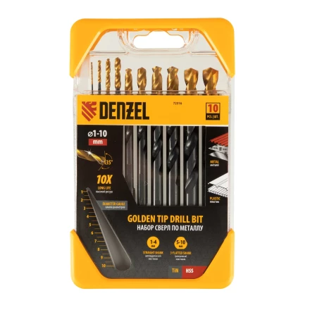 Набор сверл по металлу, 1-10 мм, HSS-Tin, Golden Tip, 10 шт Denzel 72316 купить в Губкинске