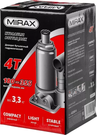 Домкрат гидравлический бутылочный, 4т, 180-355 мм, MIRAX 43260-4 43260-4 купить в Губкинске