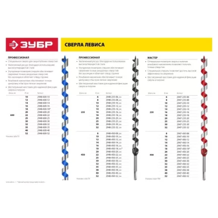 ЗУБР &quot;МАСТЕР&quot;. Сверло по дереву, спираль Левиса, HEX хвостовик, 6х235мм 2947-235-06 купить в Губкинске