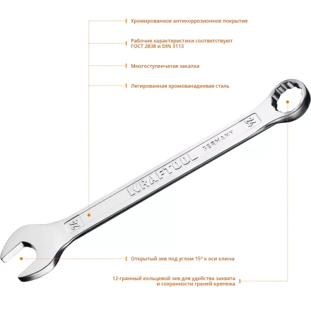 Ключи комбинированные KRAFTOOL, Cr-V, DIN 3113 27079-24 купить в Губкинске