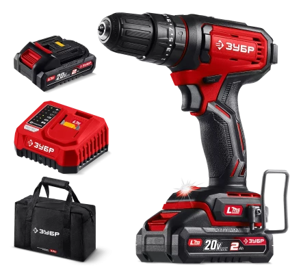 ЗУБР 20 В, 40 Нм, 2 АКБ LMS (2 Ач), ударная дрель-шуруповерт, сумка (ДШУ-40-22) купить в Губкинске
