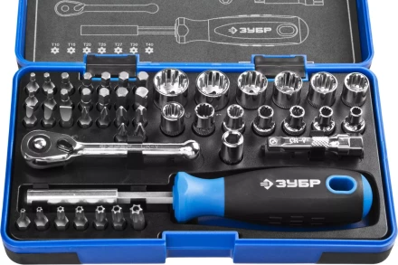 Набор ЗУБР &quot;ПРОФИ&quot;: Отвертка с двухкомп рукояткой, насадки и мини трещетка, 47 предм, пластиковый бокс 25283-H47 купить в Губкинске