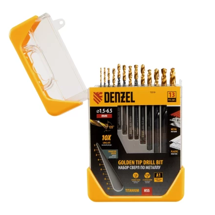 Набор сверл по металлу, 1,5-6,5 мм, HSS-Tin, Golden Tip, 13 шт Denzel 72318 купить в Губкинске