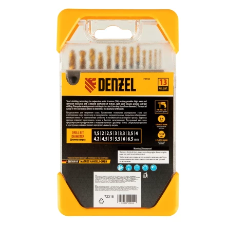 Набор сверл по металлу, 1,5-6,5 мм, HSS-Tin, Golden Tip, 13 шт Denzel 72318 купить в Губкинске