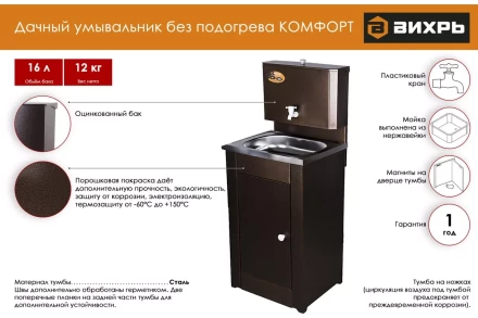 Умывальник дачный &quot;Комфорт&quot; ВИХРЬ без подогрева, нержавейка, медь 74/4/11 купить в Губкинске