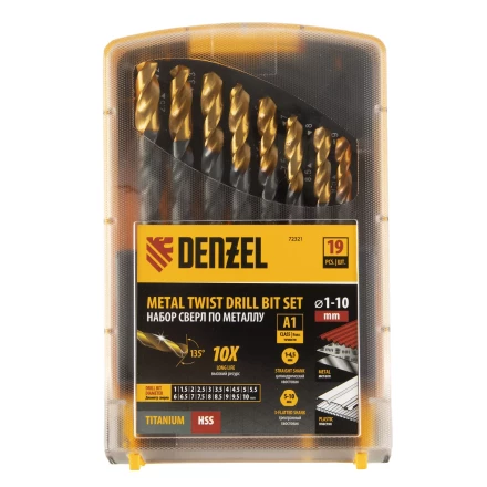 Набор сверл по металлу, 1-10 мм, HSS-Tin, Golden Tip, 19 шт Denzel 72321 купить в Губкинске