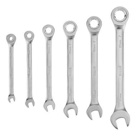 Набор ключей комбинированных трещоточных 6-17 мм, 6 шт., CrV, матовый хром// Denzel 14720 купить в Губкинске