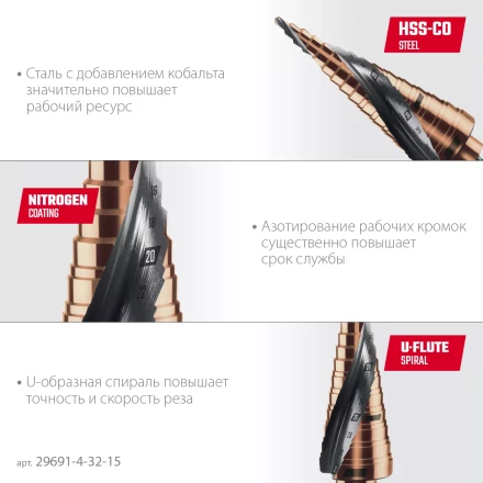 Ступенчатые сверла, сталь c кобальтом, спиральная проточка, НЕХ хвостовик 29691-4-32-15 купить в Губкинске