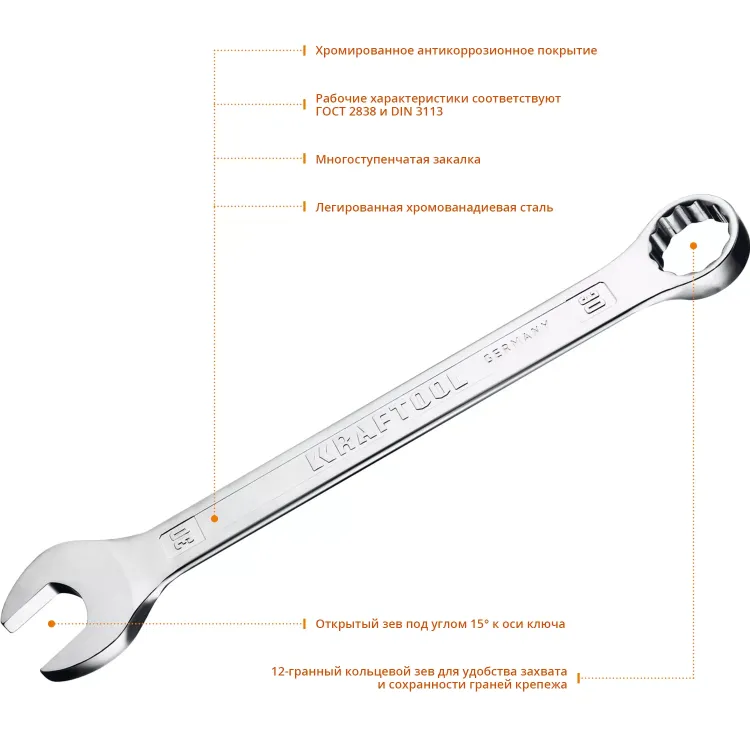 Ключ комбинированный KRAFTOOL, Cr-V, DIN 3113 27079-30 купить в Губкинске