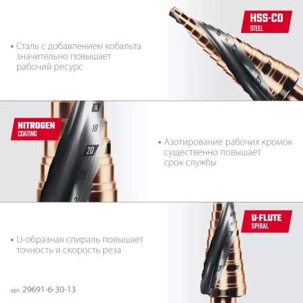 Ступенчатые сверла, сталь c кобальтом, спиральная проточка, НЕХ хвостовик 29691-6-30-13 купить в Губкинске