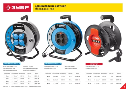 Удлинитель ЗУБР &quot;ПРОФЕССИОНАЛ&quot; на катушке, ПВС 3х1,5кв мм, 4 гнезда, макс мощн 3500Вт, 50м 55082-50 купить в Губкинске