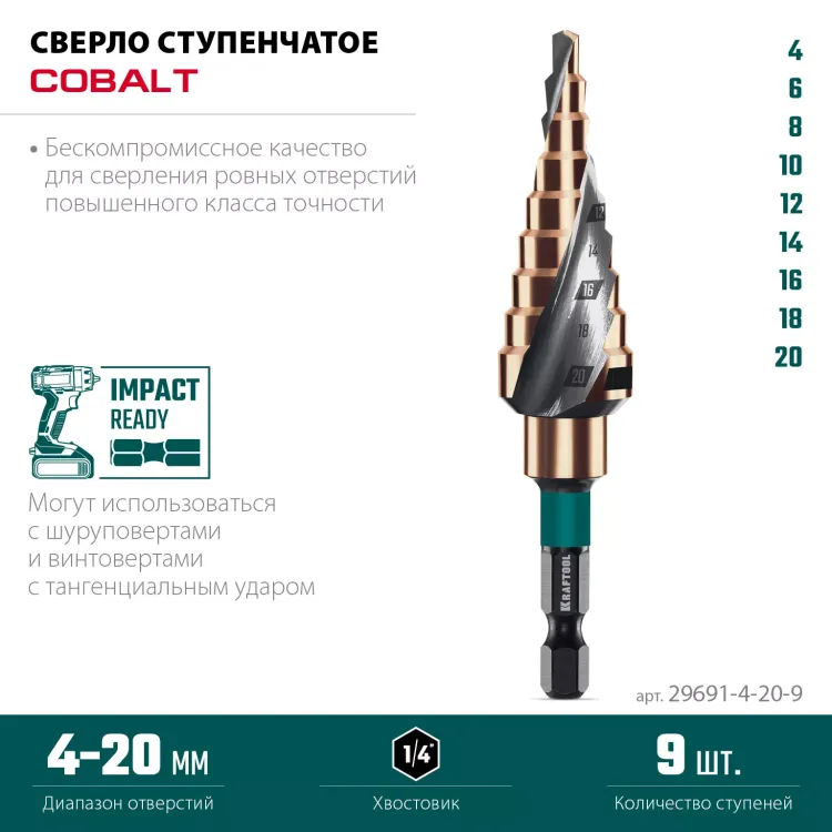 Ступенчатое сверло, сталь c кобальтом, спиральная проточка, НЕХ хвостовик 29691-4-20-9 купить в Губкинске