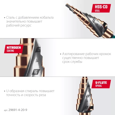 Ступенчатое сверло, сталь c кобальтом, спиральная проточка, НЕХ хвостовик 29691-4-20-9 купить в Губкинске