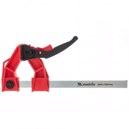 Струбцина реечная быстрозажимная усиленная пластиковый корпус рычажно-храповой механизм 200 х 100 х 351 мм штанга 5 х 22 мм Matrix 20726 купить в Губкинске
