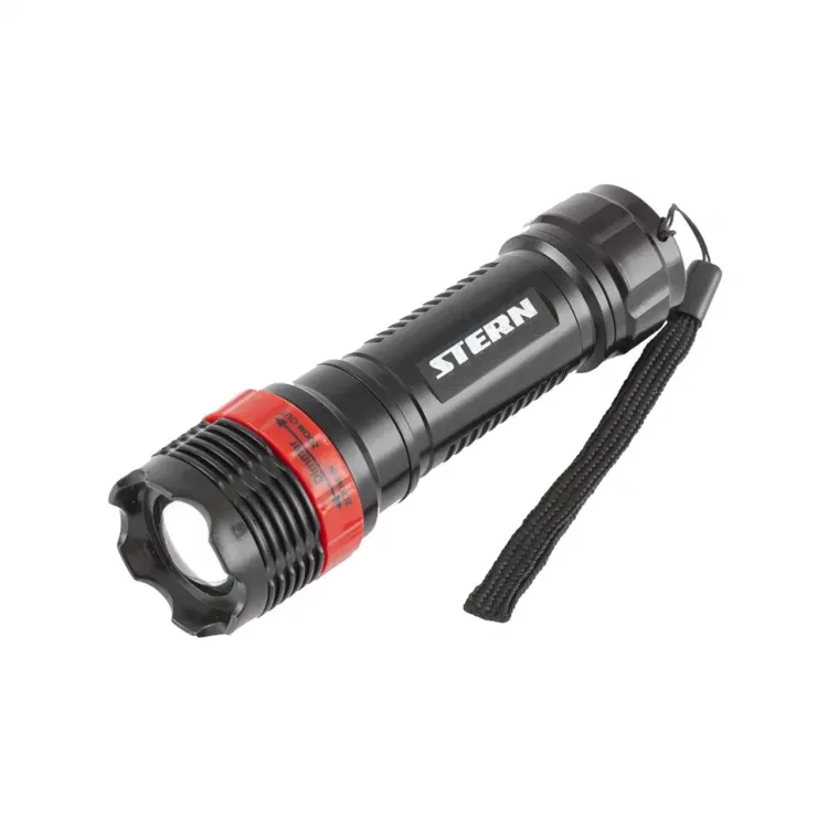 Фонарь бытовой пластик 1W LED ремешок зум 3 режима 100% - 50% - стробоскоп 3хААА Stern 90570 купить в Губкинске