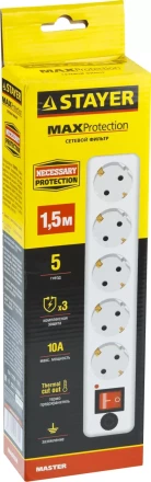 Сетевой фильтр STAYER &quot;MASTER&quot; электрический, 5 гнезд, макс. мощн. 2200 Вт, 1.5м 55066-1.5 купить в Губкинске