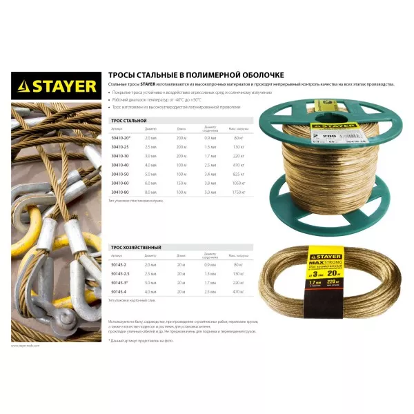 Трос стальной в полимерной оболочке, d=2,0 мм, L=200 м, STAYER Master 30410-20 30410-20 купить в Губкинске