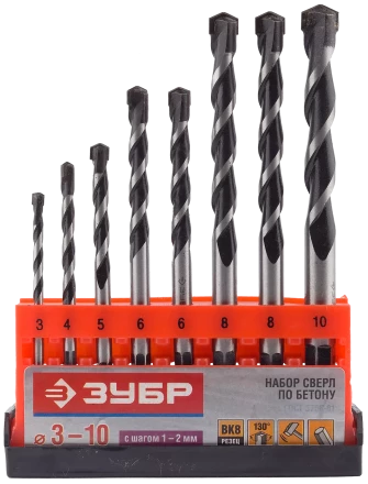 Набор сверл по бетону усиленные ЗУБР 3 шт d 6-8-10 мм трехгранный хвостовик  Профессионал 2916-H3 купить в Губкинске