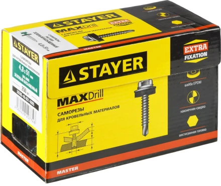 Саморезы СКД кровельные, RAL 6005 зеленый насыщенный, 51 х 4.8 мм, 250 шт, для деревянной обрешетки, STAYER 30305-48-051-6005 купить в Губкинске