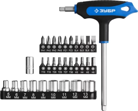 Набор ЗУБР &quot;ЭКСПЕРТ&quot;: Отвертки, битодержатель с Т-образной двухкомпонентной рукояткой, Cr-V, 31 предмет 25236-H30_z01 купить в Губкинске