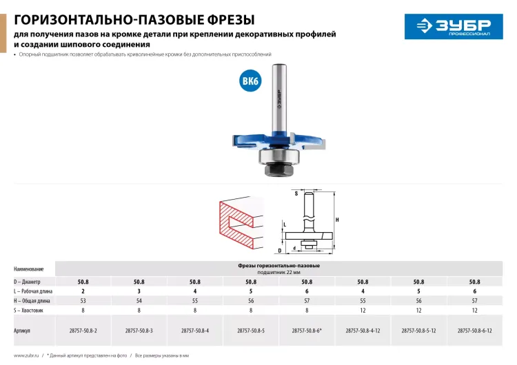 ЗУБР 50.8 x 3 мм, хвостовик 8 мм, фреза горизонтально-пазовая, Профессионал (28757-50.8-3) купить в Губкинске
