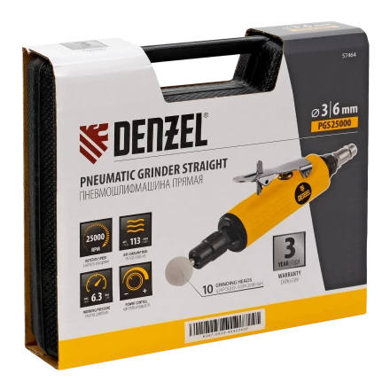 Пневмошлифмашина прямая Denzel 57464 PGS25000, 25000 об/мин, 10 шлиф. камней, цанга - 3, 6 мм, 113 л/мин купить в Губкинске