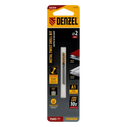 Сверло спиральное по металлу Denzel 2 x 49 мм, Р6М5, Golden Tip , 2шт., 718223 купить в Губкинске