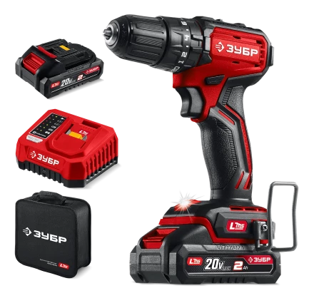 ЗУБР 20 В, 45 Нм, 2 АКБ LMS (2 Ач), бесщеточная ударная дрель-шуруповерт, сумка (ДБУ-45-22) купить в Губкинске