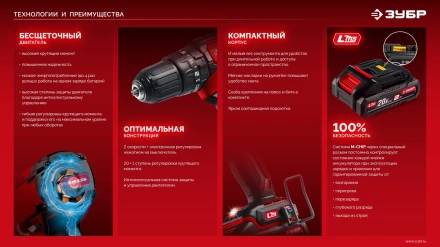 ЗУБР 20 В, 45 Нм, 2 АКБ LMS (2 Ач), бесщеточная ударная дрель-шуруповерт, сумка (ДБУ-45-22) купить в Губкинске