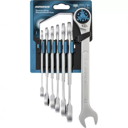 Набор ключей комбинированных трещоточных количество зубьев 100 СRV 7 шт 8-19 мм Gross 14859 купить в Губкинске