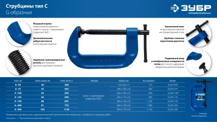 ЗУБР ПCС-50, 50 мм, чугунная струбцина тип С (G-образная), Профессионал (32245-050) купить в Губкинске