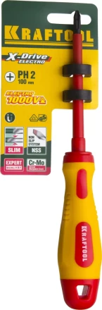 Отвертка KRAFTOOL, высоковольтная, Cr-Mo-V стержень, двухкомпонент. маслобензостойкая рукоятка, PH №2, 100мм 250084-2-100 купить в Губкинске