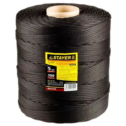 Шнур STAYER "MASTER" хозяйственно-бытовой, полипропиленовый, вязанный, с сердечником, черный, d 5, катушка 700м 50411-05-700 купить в Губкинске