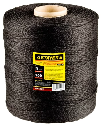 Шнур STAYER "MASTER" хозяйственно-бытовой, полипропиленовый, вязанный, с сердечником, черный, d 5, катушка 700м 50411-05-700 купить в Губкинске