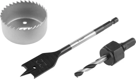 Набор ЗУБР &quot;ЭКСПЕРТ&quot; для врезки замков. Коронка по дереву 54мм, державка с центр. сверлом, перьевое сверло 22мм, 3 пред 2954-54-H3_z01 купить в Губкинске