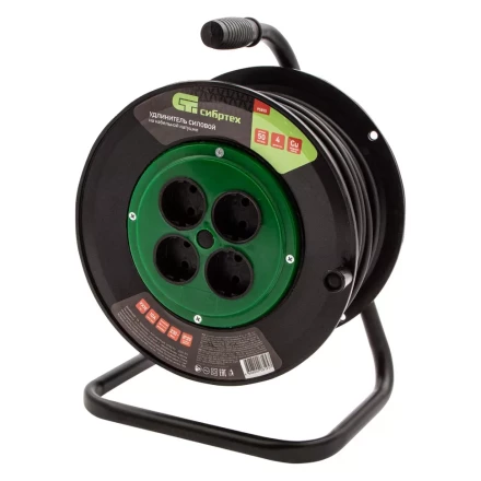 Удлинитель силовой 50 м Сибртех 95855, 10А, тип УХ10, ПВС, на кабельной катушке, 4 розетки без заземления купить в Губкинске