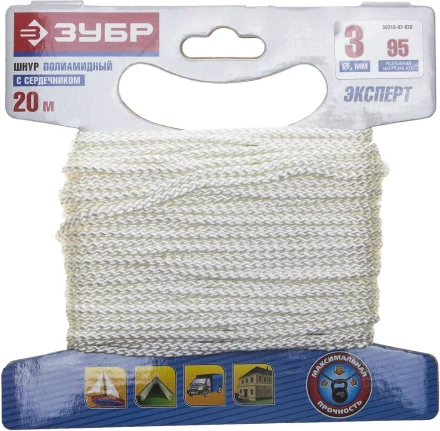 Шнур ЗУБР полиамидный, плетеный, повышенной нагрузки, с сердечником, белый, d 3, 20м 50310-03-020 купить в Губкинске