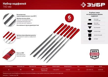 ЗУБР 6 шт, 160 мм, в чехле, с ручками набор надфилей (16016-H6) купить в Губкинске