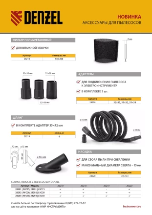 Насадка сбора пыли при сверления (до 15 мм) для пылесоса Denzel 28220 купить в Губкинске