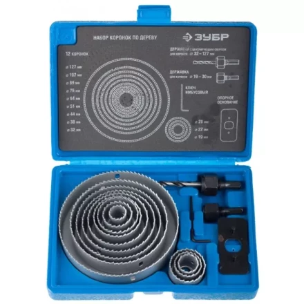 Набор ЗУБР &quot;ЭКСПЕРТ&quot; Коронки по дереву 19-127мм, державка 19-30мм, державка с опорн. основан, ключ имбус. 2,5мм, 15 пред 29554-H15_z01 купить в Губкинске