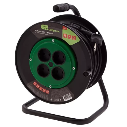 Удлинитель силовой 50 м, 16А, тип УХ10, ПВС, на кабельной катушке, 4 розетки без заземления Сибртех 95865 купить в Губкинске