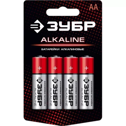 Батарейка &quot;ЗУБР&quot; &quot;ALCALINE&quot; щелочная (алкалиновая), &quot;AA&quot;, 1,5В, 4шт 59223-4C купить в Губкинске