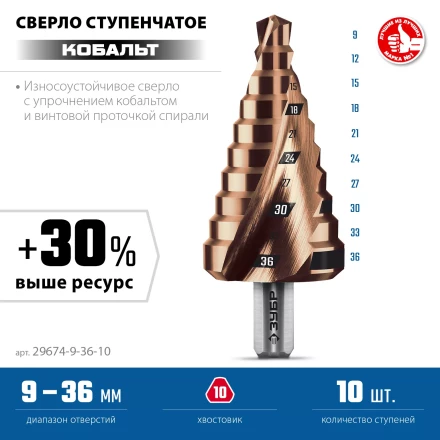 ЗУБР КОБАЛЬТ 9-36мм, 10 ступеней, винтовая проточка, сверло ступенчатое, ПРОФЕССИОНАЛ (29674-9-36-10) купить в Губкинске