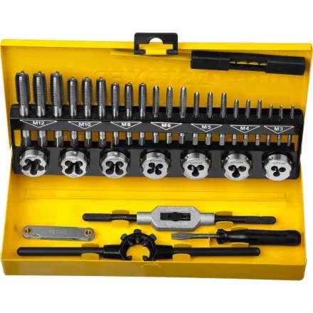 Набор метчиков и плашек STAYER &quot;MASTER&quot;, плашки 7шт, метчики компл. 21шт, метчикодерж. 1шт, плашкодерж. 1шт, резьбомер 1шт, отвертка 1шт, 32 предмета 28014-H32 купить в Губкинске