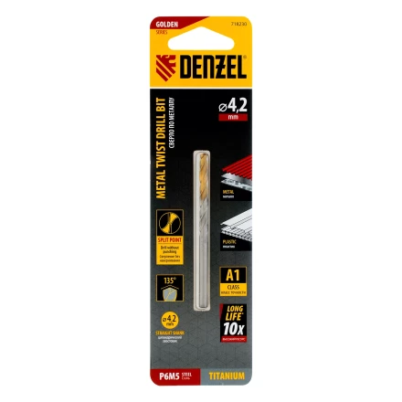 Сверло спиральное по металлу Denzel 4,2 x 75 мм, Р6М5, Golden Tip, 718230 купить в Губкинске