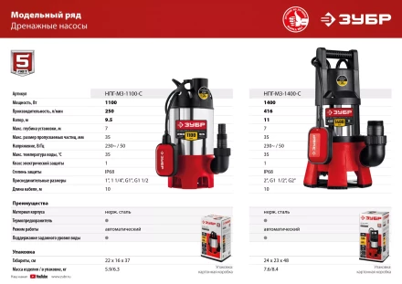 ЗУБР 1100 Вт, дренажный насос для грязной воды, корпус - нерж. сталь (НПГ-М3-1100-С) купить в Губкинске