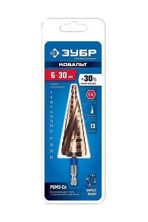 ЗУБР КОБАЛЬТ 6-30мм, 13 ступеней, винтовая проточка, сверло ступенчатое, ПРОФЕССИОНАЛ (29674-6-30-13) купить в Губкинске