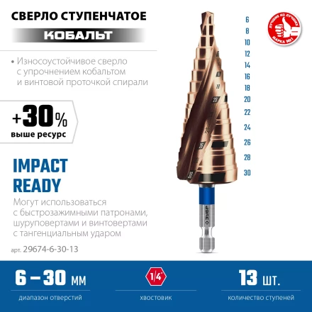 ЗУБР КОБАЛЬТ 6-30мм, 13 ступеней, винтовая проточка, сверло ступенчатое, ПРОФЕССИОНАЛ (29674-6-30-13) купить в Губкинске