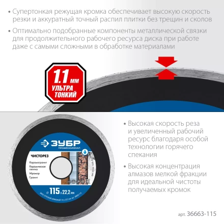 ЗУБР Чисторез, 115 мм, (22.2 мм, 5 х 1.1 мм), сплошной алмазный диск, Профессионал (36663-115) купить в Губкинске